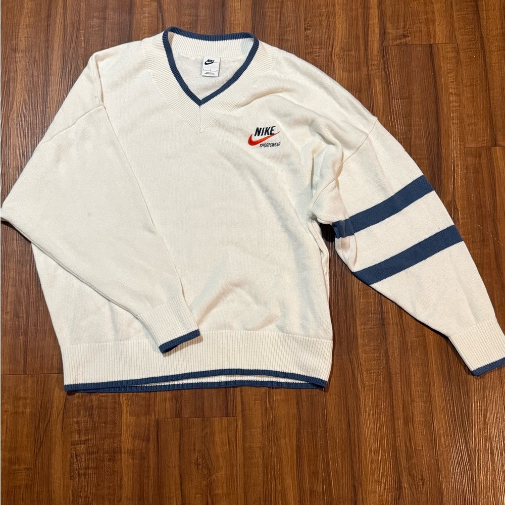 Nike Sportswear White and Blue V-Neck golf Sweater